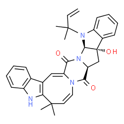 ChemSpider 2D Image | (10aS,11aS,16aR)-11a-Hydroxy-6,6-dimethyl-16-(2-methyl-3-buten-2-yl)-11,11a,16,16a-tetrahydro-5H-indolo[3''',2''':4'',5'']azocino[1'',2'':4',5']pyrazino[1',2':1,5]pyrrolo[2,3-b]indole-10,18(6H,10aH)-d
ione | C32H32N4O3