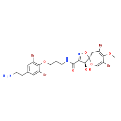 ChemSpider 2D Image | (4S,5R)-N-{3-[4-(2-Aminoethyl)-2,6-dibromophenoxy]propyl}-8,10-dibromo-4-hydroxy-9-methoxy-1,6-dioxa-2-azaspiro[4.6]undeca-2,7,9-triene-3-carboxamide | C21H23Br4N3O6