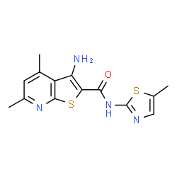 ChemSpider 2D Image | 3-Amino-4,6-dimethyl-N-(5-methyl-1,3-thiazol-2-yl)thieno[2,3-b]pyridine-2-carboxamide | C14H14N4OS2