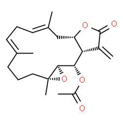ChemSpider 2D Image | (1aR,5E,8E,10aS,13aS,14S,14aR)-1a,5,9-Trimethyl-13-methylene-12-oxo-1a,2,3,4,7,10,10a,12,13,13a,14,14a-dodecahydrooxireno[4,5]cyclotetradeca[1,2-b]furan-14-yl acetate | C22H30O5