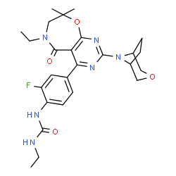 ChemSpider 2D Image | 1-Ethyl-3-{4-[6-ethyl-8,8-dimethyl-2-(3-oxa-8-azabicyclo[3.2.1]oct-8-yl)-5-oxo-5,6,7,8-tetrahydropyrimido[5,4-f][1,4]oxazepin-4-yl]-2-fluorophenyl}urea | C26H33FN6O4