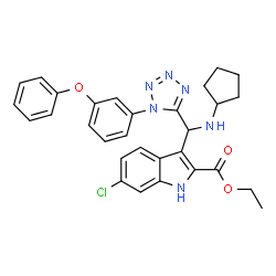 ChemSpider 2D Image | Ethyl 6-chloro-3-{(cyclopentylamino)[1-(3-phenoxyphenyl)-1H-tetrazol-5-yl]methyl}-1H-indole-2-carboxylate | C30H29ClN6O3