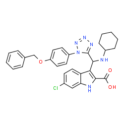 ChemSpider 2D Image | 3-[{1-[4-(Benzyloxy)phenyl]-1H-tetrazol-5-yl}(cyclohexylamino)methyl]-6-chloro-1H-indole-2-carboxylic acid | C30H29ClN6O3