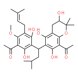 ChemSpider 2D Image | 1-(6-{1-[3-Acetyl-2,6-dihydroxy-4-methoxy-5-(3-methyl-2-buten-1-yl)phenyl]-3-methylbutyl}-3,5,7-trihydroxy-2,2-dimethyl-3,4-dihydro-2H-chromen-8-yl)ethanone | C32H42O9