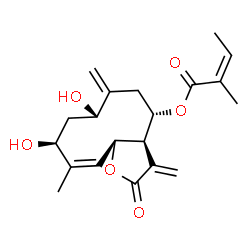 ChemSpider 2D Image | (3aR,4S,7S,9S,10Z,11aS)-7,9-Dihydroxy-10-methyl-3,6-bis(methylene)-2-oxo-2,3,3a,4,5,6,7,8,9,11a-decahydrocyclodeca[b]furan-4-yl (2Z)-2-methyl-2-butenoate | C20H26O6