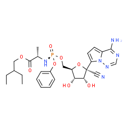 ChemSpider 2D Image | 2-Ethylbutyl (2S)-2-{[(R)-{[(2R,3S,4R,5R)-5-(4-aminopyrrolo[2,1-f][1,2,4]triazin-7-yl)-5-cyano-3,4-dihydroxytetrahydro-2-furanyl]methoxy}(phenoxy)phosphoryl]amino}propanoate (non-preferred name) | C27H35N6O8P