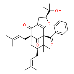 ChemSpider 2D Image | (1S,4S,8R,10S)-1-Benzoyl-4-(2-hydroxy-2-propanyl)-11,11-dimethyl-8,10-bis(3-methyl-2-buten-1-yl)-3-oxatricyclo[6.3.1.0~2,6~]dodec-2(6)-ene-7,12-dione | C33H42O5