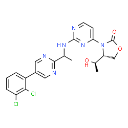 ChemSpider 2D Image | (4R)-3-[2-({1-[5-(2,3-Dichlorophenyl)-2-pyrimidinyl]ethyl}amino)-4-pyrimidinyl]-4-[(1R)-1-hydroxyethyl]-1,3-oxazolidin-2-one | C21H20Cl2N6O3