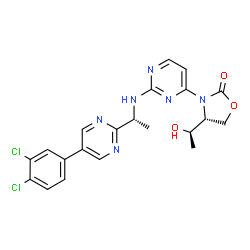 ChemSpider 2D Image | (4R)-3-[2-({(1R)-1-[5-(3,4-Dichlorophenyl)-2-pyrimidinyl]ethyl}amino)-4-pyrimidinyl]-4-[(1R)-1-hydroxyethyl]-1,3-oxazolidin-2-one | C21H20Cl2N6O3