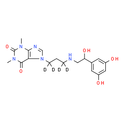 ChemSpider 2D Image | 7-[3-{[2-(3,5-Dihydroxyphenyl)-2-hydroxyethyl]amino}(1,1,3,3-~2~H_4_)propyl]-1,3-dimethyl-3,7-dihydro-1H-purine-2,6-dione | C18H19D4N5O5