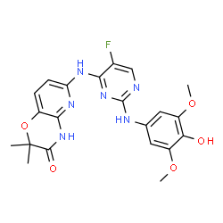 ChemSpider 2D Image | 6-({5-Fluoro-2-[(4-hydroxy-3,5-dimethoxyphenyl)amino]-4-pyrimidinyl}amino)-2,2-dimethyl-2H-pyrido[3,2-b][1,4]oxazin-3(4H)-one | C21H21FN6O5