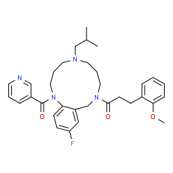 ChemSpider 2D Image | 1-[12-Fluoro-5-isobutyl-1-(3-pyridinylcarbonyl)-1,3,4,5,6,7,8,10-octahydro-1,5,9-benzotriazacyclododecin-9(2H)-yl]-3-(2-methoxyphenyl)-1-propanone | C33H41FN4O3