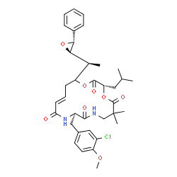 ChemSpider 2D Image | (3S,10R,13E)-10-(3-Chloro-4-methoxybenzyl)-3-isobutyl-6,6-dimethyl-16-{(1S)-1-[(2R,3R)-3-phenyl-2-oxiranyl]ethyl}-1,4-dioxa-8,11-diazacyclohexadec-13-ene-2,5,9,12-tetrone | C36H45ClN2O8