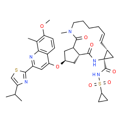 ChemSpider 2D Image | (2R,10E,11aS,12aR,14aR)-N-(Cyclopropylsulfonyl)-2-{[2-(4-isopropyl-1,3-thiazol-2-yl)-7-methoxy-8-methyl-4-quinolinyl]oxy}-5-methyl-4,14-dioxo-2,3,3a,4,5,6,7,8,9,11a,12,13,14,14a-tetradecahydrocyclopen
ta[c]cyclopropa[g][1,6]diazacyclotetradecine-12a(1H)-carboxamide | C38H47N5O7S2