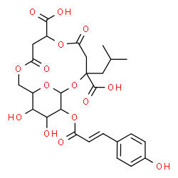 ChemSpider 2D Image | 13,14-Dihydroxy-15-{[(2E)-3-(4-hydroxyphenyl)-2-propenoyl]oxy}-3-isobutyl-5,9-dioxo-2,6,10,16-tetraoxabicyclo[10.3.1]hexadecane-3,7-dicarboxylic acid (non-preferred name) | C27H32O15