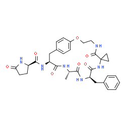 ChemSpider 2D Image | N-[(10R,13S,16S)-10-Benzyl-13-methyl-6,9,12,15-tetraoxo-2-oxa-5,8,11,14-tetraazaspiro[bicyclo[16.2.2]docosane-7,1'-cyclopropane]-1(20),18,21-trien-16-yl]-5-oxo-D-prolinamide | C32H38N6O7