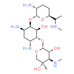 ChemSpider 2D Image | (1R,2R,3R,4R,6R)-4,6-Diamino-3-({(2R,3R,6S)-3-amino-6-[(1S)-1-(methylamino)ethyl]tetrahydro-2H-pyran-2-yl}oxy)-2-hydroxycyclohexyl 3-deoxy-4-C-methyl-3-(methylamino)-beta-L-arabinopyranoside | C21H43N5O7