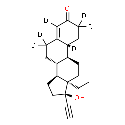 ChemSpider 2D Image | (8R,9S,10R,13R,14S,17R)-13-Ethyl-17-ethynyl-17-hydroxy(2,2,4,6,6,10-~2~H_6_)-1,2,6,7,8,9,10,11,12,13,14,15,16,17-tetradecahydro-3H-cyclopenta[a]phenanthren-3-one (non-preferred name) | C21H22D6O2