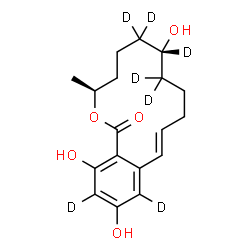 ChemSpider 2D Image | (3S,7R,11E)-7,14,16-Trihydroxy-3-methyl(6,6,7,8,8,13,15-~2~H_7_)-3,4,5,6,7,8,9,10-octahydro-1H-2-benzoxacyclotetradecin-1-one | C18H17D7O5