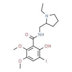 ChemSpider 2D Image | N-[(1-Ethyl-2-pyrrolidinyl)methyl]-2-hydroxy-3-iodo-5,6-dimethoxybenzamide | C16H23IN2O4