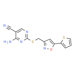 ChemSpider 2D Image | 4-Amino-2-({[5-(2-thienyl)-1,2-oxazol-3-yl]methyl}sulfanyl)-5-pyrimidinecarbonitrile | C13H9N5OS2