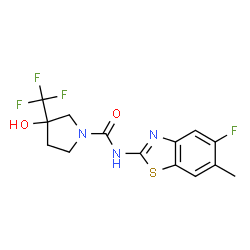 ChemSpider 2D Image | N-(5-Fluoro-6-methyl-1,3-benzothiazol-2-yl)-3-hydroxy-3-(trifluoromethyl)-1-pyrrolidinecarboxamide | C14H13F4N3O2S
