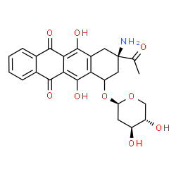 ChemSpider 2D Image | (3R)-3-Acetyl-3-amino-5,12-dihydroxy-6,11-dioxo-1,2,3,4,6,11-hexahydro-1-tetracenyl 2-deoxy-beta-L-threo-pentopyranoside | C25H25NO9