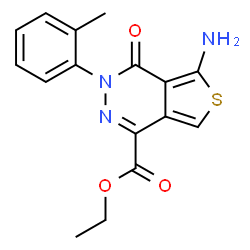 ChemSpider 2D Image | 5-amino-3-(2-methylphenyl)-4-oxo-1-thieno[3,4-d]pyridazinecarboxylic acid ethyl ester | C16H15N3O3S