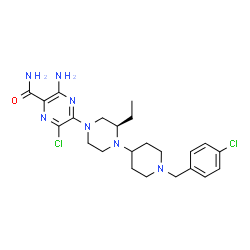 ChemSpider 2D Image | 3-Amino-6-chloro-5-{(3R)-4-[1-(4-chlorobenzyl)-4-piperidinyl]-3-ethyl-1-piperazinyl}-2-pyrazinecarboxamide | C23H31Cl2N7O