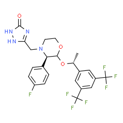 ChemSpider 2D Image | 5-{[(3R)-2-{(1R)-1-[3,5-Bis(trifluoromethyl)phenyl]ethoxy}-3-(4-fluorophenyl)-4-morpholinyl]methyl}-1,2-dihydro-3H-1,2,4-triazol-3-one | C23H21F7N4O3