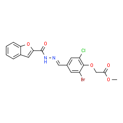 ChemSpider 2D Image | Methyl (4-{(E)-[(1-benzofuran-2-ylcarbonyl)hydrazono]methyl}-2-bromo-6-chlorophenoxy)acetate | C19H14BrClN2O5