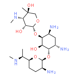 ChemSpider 2D Image | (1S,2R,3S,4S,6S)-4,6-Diamino-3-({(2S,3S,6S)-3-amino-6-[(1S)-1-(methylamino)ethyl]tetrahydro-2H-pyran-2-yl}oxy)-2-hydroxycyclohexyl 3-deoxy-4-C-methyl-3-(methylamino)-beta-L-lyxopyranoside | C21H43N5O7