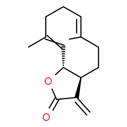 ChemSpider 2D Image | (3aS,6E,11aR)-6,10-Dimethyl-3-methylene-3a,4,5,8,9,11a-hexahydrocyclodeca[b]furan-2(3H)-one | C15H20O2