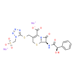 ChemSpider 2D Image | Disodium (6S,7R)-7-{[(2R)-2-hydroxy-2-phenylacetyl]amino}-8-oxo-3-({[1-(sulfonatomethyl)-1H-tetrazol-5-yl]sulfanyl}methyl)-5-thia-1-azabicyclo[4.2.0]oct-2-ene-2-carboxylate | C18H16N6Na2O8S3