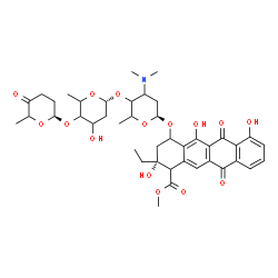 ChemSpider 2D Image | Methyl (2R)-2-ethyl-2,5,7-trihydroxy-6,11-dioxo-4-{[(1S)-2,3,6-trideoxy-4-O-{(1R)-2,6-dideoxy-4-O-[(2S)-6-methyl-5-oxotetrahydro-2H-pyran-2-yl]hexopyranosyl}-3-(dimethylamino)hexopyranosyl]oxy}-1,2,3,
4,6,11-hexahydro-1-tetracenecarboxylate | C42H53NO15