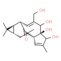 ChemSpider 2D Image | (1S,5R,9S,10R,12S)-4,5,6-Trihydroxy-7-(hydroxymethyl)-3,11,11,14-tetramethyltetracyclo[7.5.1.0~1,5~.0~10,12~]pentadeca-2,7-dien-15-one | C20H28O5