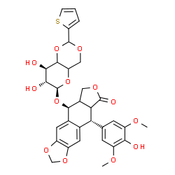 ChemSpider 2D Image | (5S,9R)-9-(4-Hydroxy-3,5-dimethoxyphenyl)-8-oxo-5,5a,6,8,8a,9-hexahydrofuro[3',4':6,7]naphtho[2,3-d][1,3]dioxol-5-yl 4,6-O-(2-thienylmethylene)-alpha-L-threo-hexopyranoside | C32H32O13S