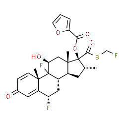 ChemSpider 2D Image | (6alpha,9xi,11beta,16alpha,17beta)-6,9-Difluoro-17-{[(fluoromethyl)sulfanyl]carbonyl}-11-hydroxy-16-methyl-3-oxoandrosta-1,4-dien-17-yl 2-furoate | C27H29F3O6S