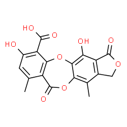 ChemSpider 2D Image | 4,7-Dihydroxy-9,12-dimethyl-3,10-dioxo-1,3-dihydro-10H-2,5,11-trioxabenzo[4,5]cyclohepta[1,2-f]indene-6-carboxylic acid | C18H12O9