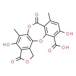 ChemSpider 2D Image | 4,10-Dihydroxy-5,8-dimethyl-3,7-dioxo-1,3-dihydro-7H-2,6,12-trioxabenzo[5,6]cyclohepta[1,2-e]indene-11-carboxylic acid | C18H12O9