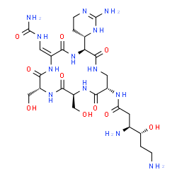 ChemSpider 2D Image | (3S,4R)-3,6-Diamino-N-[(3S,6E,9R,12S,15S)-3-[(4S)-2-amino-3,4,5,6-tetrahydro-4-pyrimidinyl]-6-[(carbamoylamino)methylene]-9,12-bis(hydroxymethyl)-2,5,8,11,14-pentaoxo-1,4,7,10,13-pentaazacyclohexadeca
n-15-yl]-4-hydroxyhexanamide (non-preferred name) | C25H43N13O10
