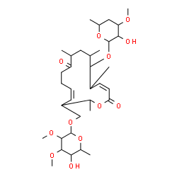 ChemSpider 2D Image | {(4Z,14Z)-12-[(4,6-Dideoxy-3-O-methylhexopyranosyl)oxy]-2,9,11,13-tetramethyl-8,16-dioxooxacyclohexadeca-4,14-dien-3-yl}methyl 6-deoxy-2,3-di-O-methylhexopyranoside | C35H58O12
