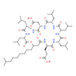 ChemSpider 2D Image | 3-[(9S,12S,18S,21R)-9-(Carboxymethyl)-3,6,12,15,18-pentaisobutyl-25-(8-methylnonyl)-2,5,8,11,14,17,20,23-octaoxo-1-oxa-4,7,10,13,16,19,22-heptaazacyclopentacosan-21-yl]propanoic acid | C52H91N7O13