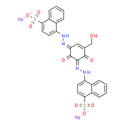 ChemSpider 2D Image | Disodium 4,4'-{[5-(hydroxymethyl)-2,6-dioxo-4-cyclohexene-1,3-diylidene]di(2E)-1-hydrazinyl-2-ylidene}di(1-naphthalenesulfonate) | C27H18N4Na2O9S2