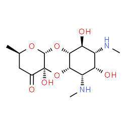 ChemSpider 2D Image | (2R,4aR,5aS,6S,7S,8R,9S,9aR,10aR)-4a,7,9-Trihydroxy-2-methyl-6,8-bis(methylamino)decahydro-4H-pyrano[2,3-b][1,4]benzodioxin-4-one | C14H24N2O7