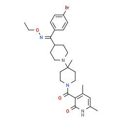 ChemSpider 2D Image | 3-({4-[(Z)-(4-Bromophenyl)(ethoxyimino)methyl]-4'-methyl-1,4'-bipiperidin-1'-yl}carbonyl)-4,6-dimethyl-2(1H)-pyridinone | C28H37BrN4O3