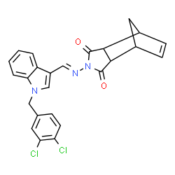 ChemSpider 2D Image | 4-[(E)-{[1-(3,4-Dichlorobenzyl)-1H-indol-3-yl]methylene}amino]-4-azatricyclo[5.2.1.0~2,6~]dec-8-ene-3,5-dione | C25H19Cl2N3O2