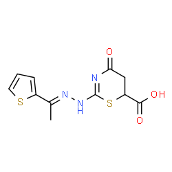 ChemSpider 2D Image | 4-Oxo-2-{(2E)-2-[1-(2-thienyl)ethylidene]hydrazino}-5,6-dihydro-4H-1,3-thiazine-6-carboxylic acid | C11H11N3O3S2