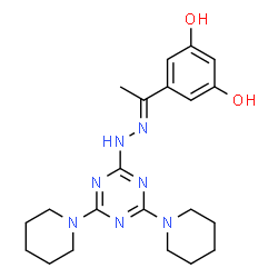 ChemSpider 2D Image | 5-{(1E)-N-[4,6-Di(1-piperidinyl)-1,3,5-triazin-2-yl]ethanehydrazonoyl}-1,3-benzenediol | C21H29N7O2