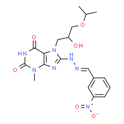 ChemSpider 2D Image | 7-(2-Hydroxy-3-isopropoxypropyl)-3-methyl-8-[(2E)-2-(3-nitrobenzylidene)hydrazino]-3,7-dihydro-1H-purine-2,6-dione | C19H23N7O6